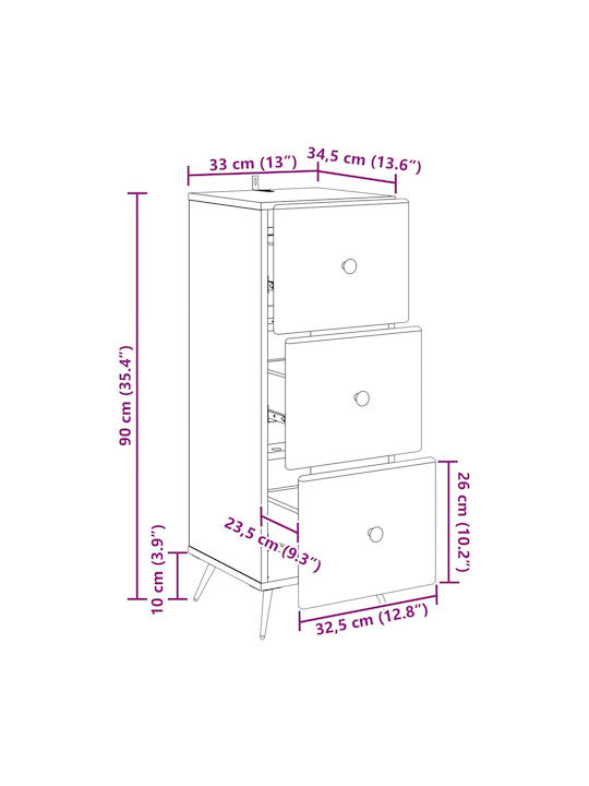 Wooden Storage Drawers with 3 Drawers L33xW34.5xH90cm