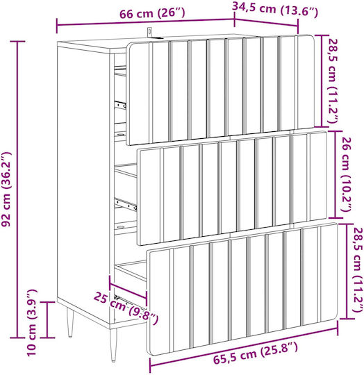 Wooden Bedroom Chest of Drawers with 3 Drawers Smoked Oak 66x34.5x92cm