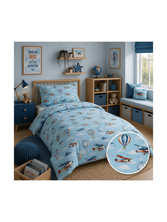 Astron Italy Set Single Cotton Sheets Plane Blue 175x260cm 3 Pieces