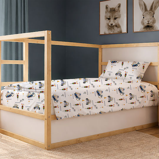 Dimcol Dimcol Kinderbettlaken Set Baumwoll-Animals Grand Prix 589 Weiß-Blau 160x240cm 2 Stück