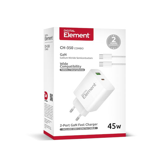 Element Зарядно GaN с USB-A порт и USB-C порт и кабел USB-C - USB-C 45W Power Delivery Бял (CH-350)