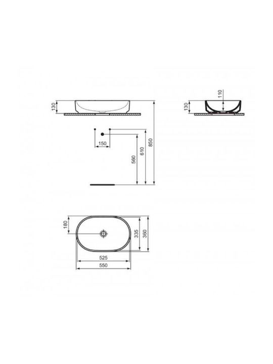 Ideal Standard I.life Einbau Badezimmerwaschbecken Porzellan 55x36x13cm Weiß Hochglanz