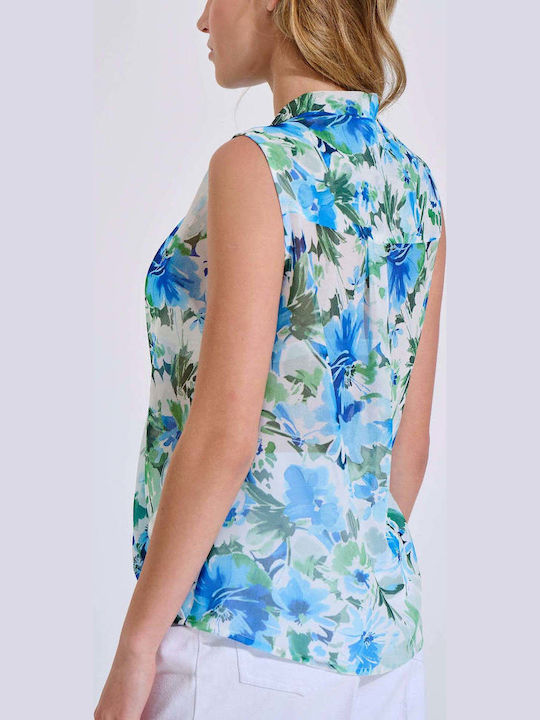 Women's Sleeveless Blouse with V Neckline Floral Light Blue