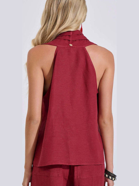 Women's Summer Linen Sleeveless Blouse Burgundy