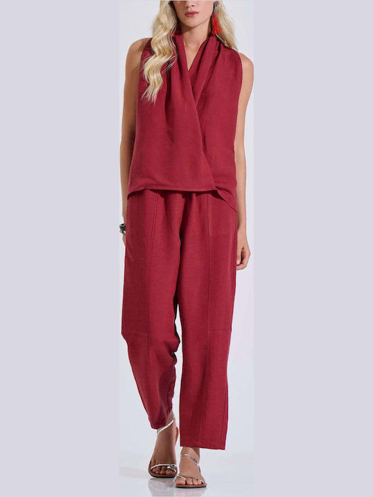 Women's Summer Linen Sleeveless Blouse Burgundy