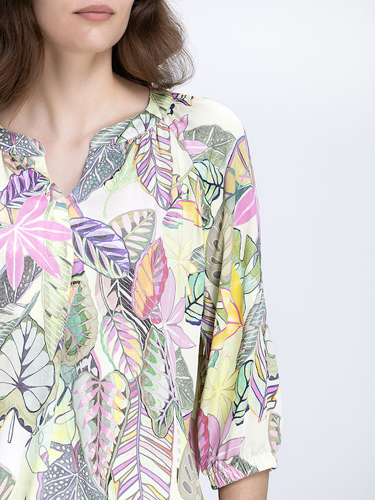 Damen Sommer Leinen Bluse mit 3/4 Ärmel & V-Ausschnitt Blumen Mehrfarbig