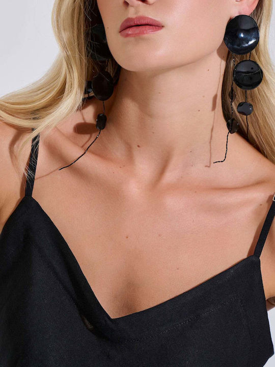 Women's Summer Linen Blouse with Spaghetti Straps & V-Neck Black