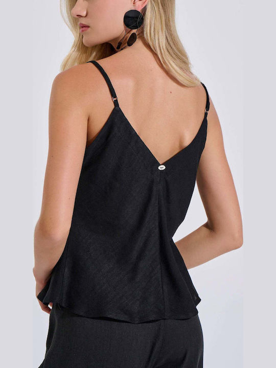 Women's Summer Linen Blouse with Spaghetti Straps & V-Neck Black