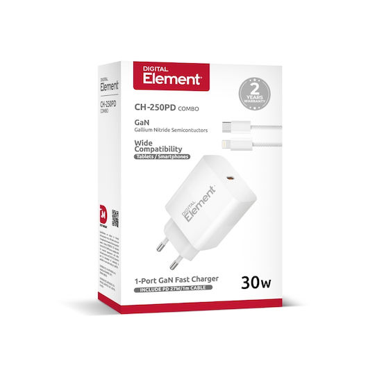 Element Зарядно Устройство GaN с USB-C Порт и USB-C - Lightning Кабел 30W Power Delivery Бял (CH-250PD)