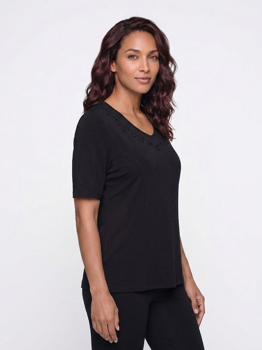 Women's Short Sleeve Black Blouse 831-061