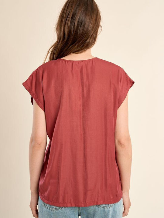 Women's Satin Short Sleeve Blouse with V Neckline Fountouki