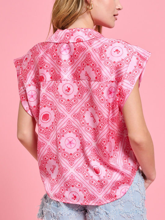 Project Soma Women's Satin Short Sleeve Blouse Pink-Fuchsia
