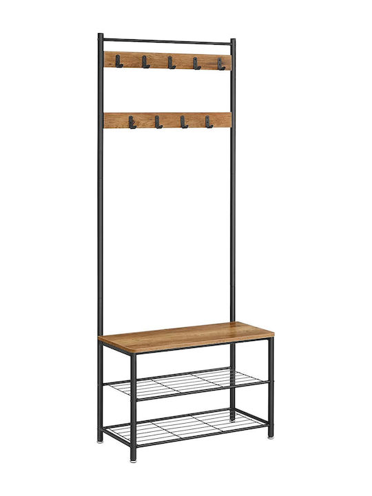 Entry Furniture with Hanger / Shoe Rack / Wardrobe & Bench Walnut and Black 32x70x177cm