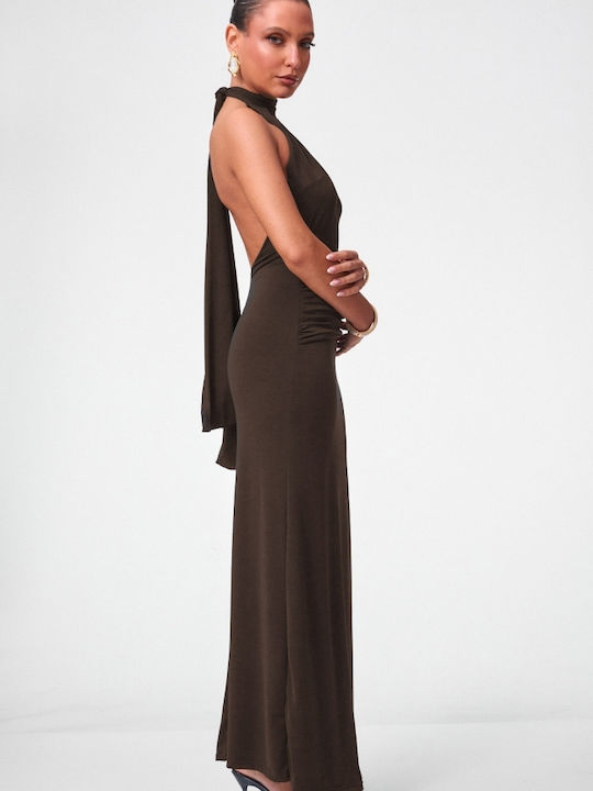 Summer Maxi Evening Dress Open Back Dark Brown