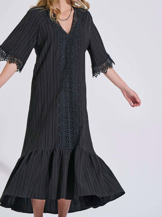 Summer Maxi Knitted Dress with Ruffles Black