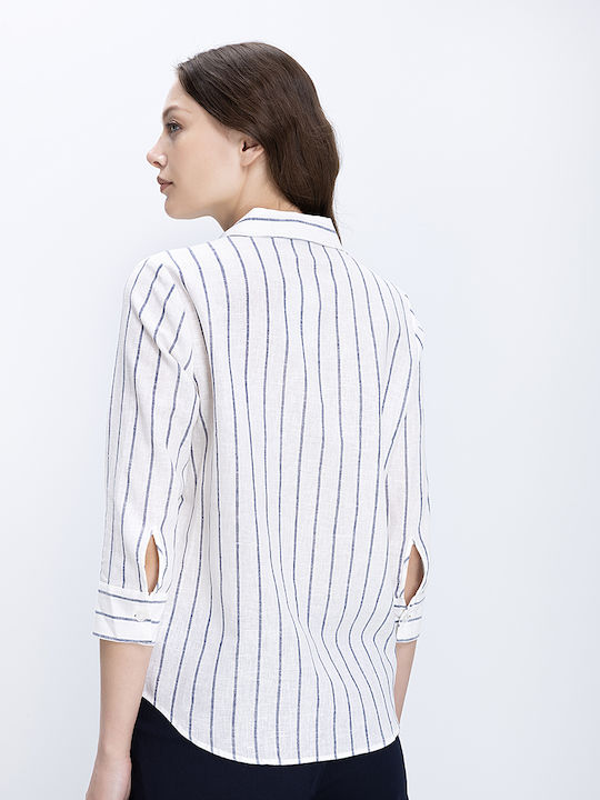Long Sleeve Women's Linen Blue Striped Shirt