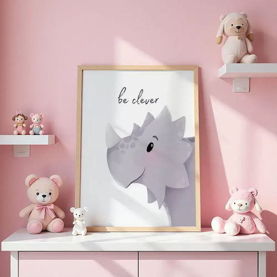 Kids Wall Art with Dinosaur Be Clever with White Wooden Frame 40x50cm