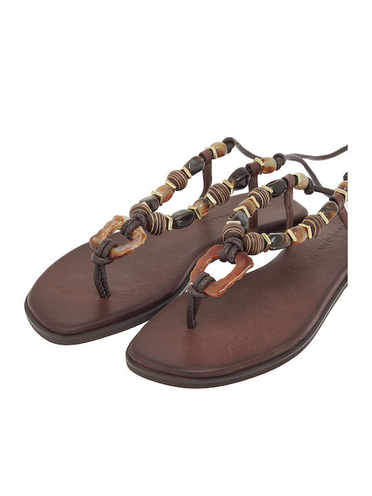 Leather Women's Flat Sandals Brown
