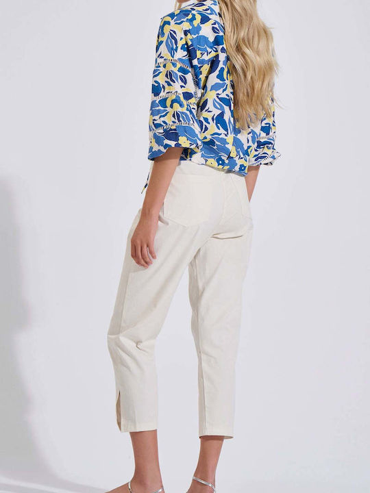 Women's Fabric Capri Trousers in Straight Fit Beige