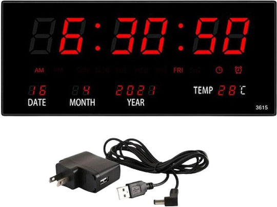 Digital Wall Clock Large LED Screen Black Red Time Day Temperature Date Alarm 3615