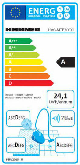 Heinner HVC-MTB700YL Ηλεκτρική Σκούπα 700W με Σακούλα 2lt Κίτρινη