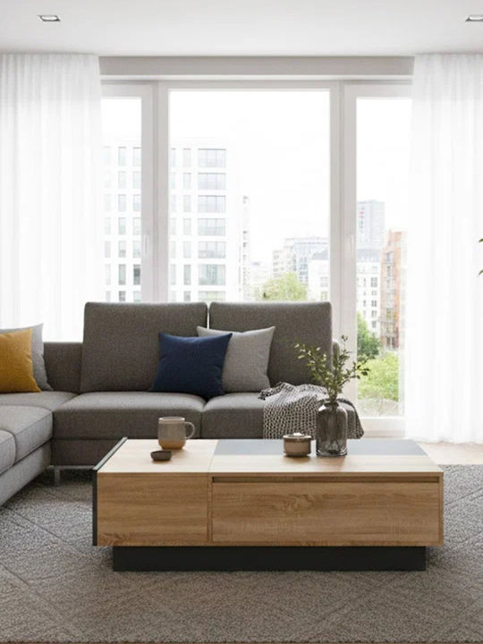 Правоъгълно Централно Кафе Масичка Loft Дървена с Чекмеджета Бежова М125xШ66xВ43см