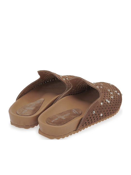 Flat Suede Mules In Tabac Brown Color