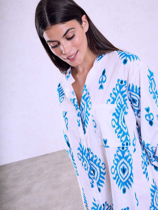 Celestino Women's Caftan Shirt Asymmetric Pockets Loose Fit Petrol