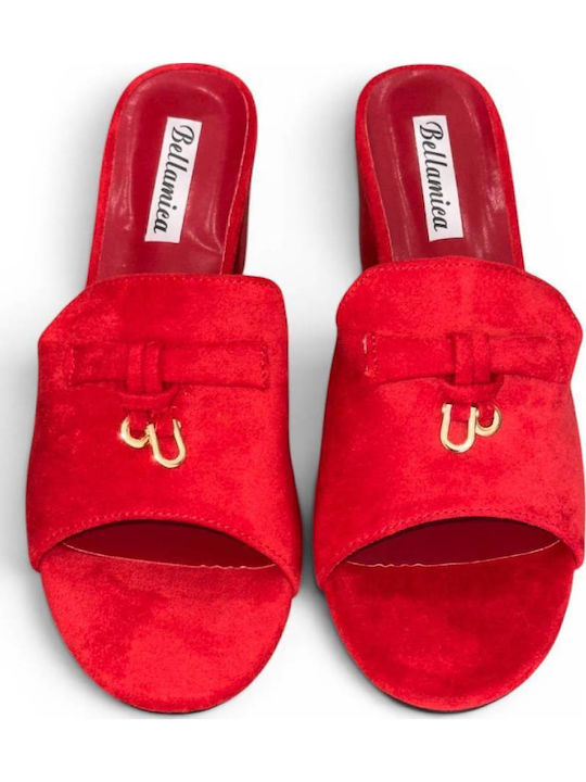 Suede Mules με Χοντρό Χαμηλό Τακούνι σε Κόκκινο Χρώμα