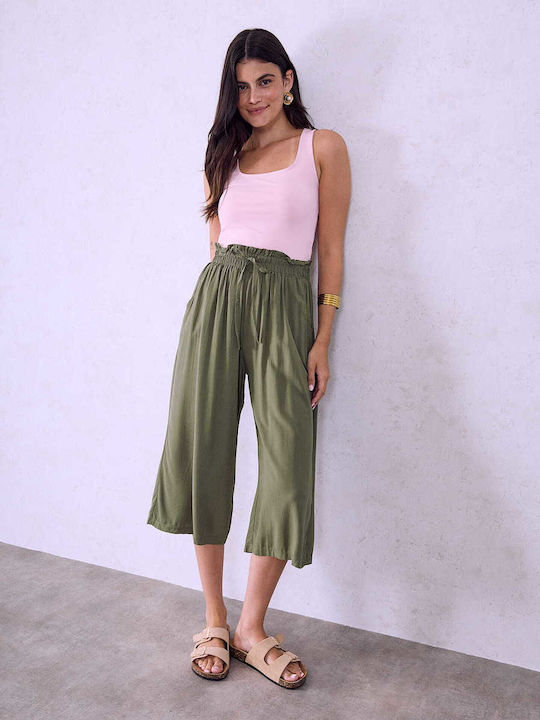 Celestino Zip-Culottes Baumwollstoff Loose Fit Khaki