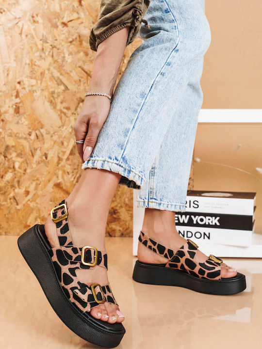 Beige Print Leder Flatforms Doppelverstellbare Riemen