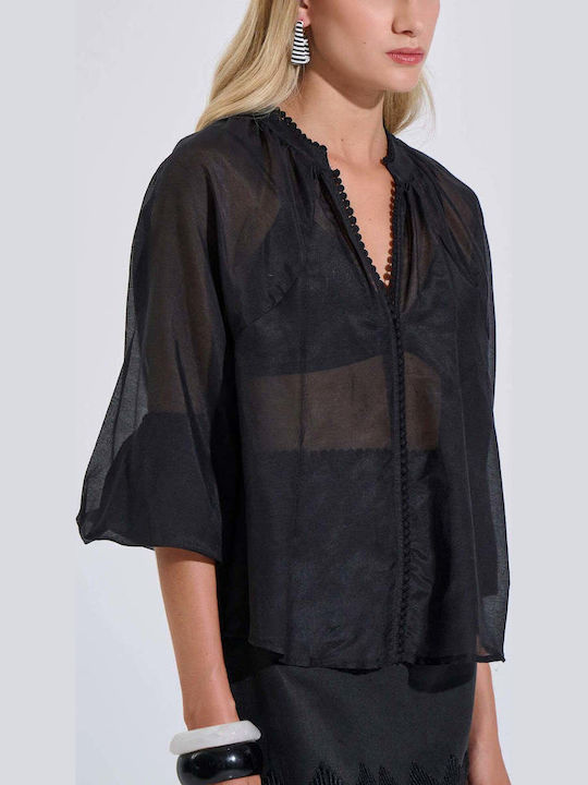 Women's Cotton Blouse with V-Neck Black