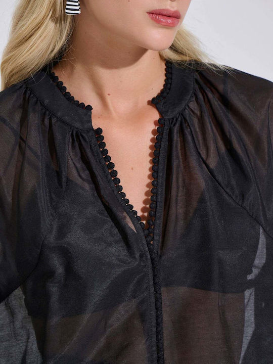 Women's Cotton Blouse with V-Neck Black
