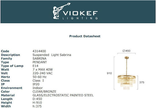 Viokef Sabrina Pendant Light Gold with Crystals for Socket E14, E.14 450x91cm
