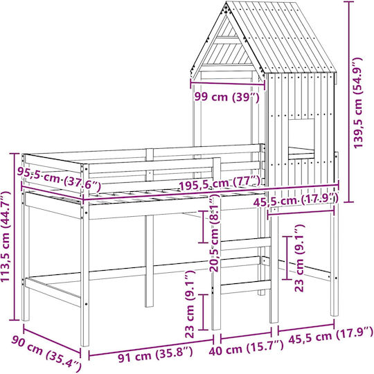 Pat pentru copii Cușetă Single cu Birou Maro pentru Saltea 90x190cm