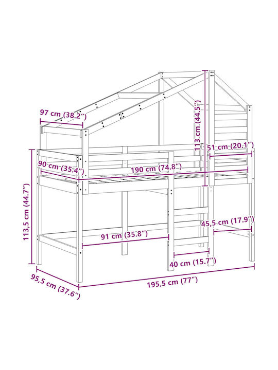 Детско Легло Двуетажно Единично Кафяво за Матрак 90x190cm