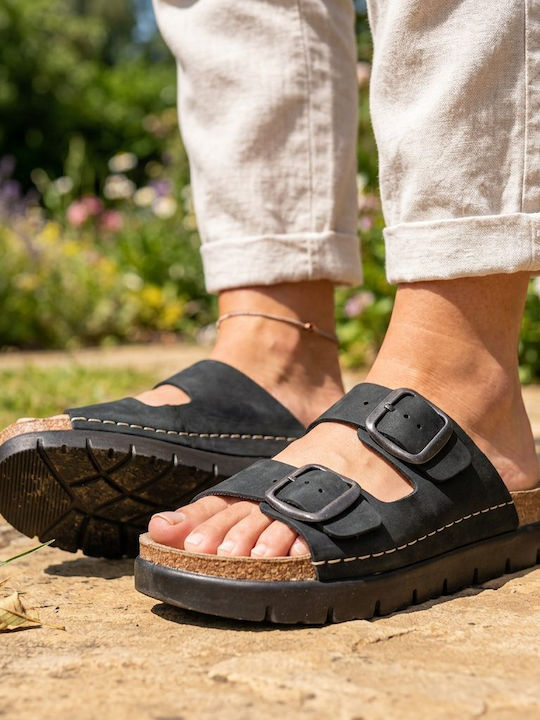 Δερμάτινα Γυναικεία Ανατομικά Σανδάλια Flatforms Μαύρα