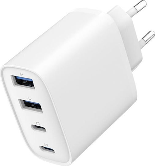 Gembird GaN Wall Charger Without Cable with 2 USB-A Ports and 2 USB-C Ports 40W Power Delivery / Quick Charge 3.0 White (TA-UC-2A2C-PD40-01-W)