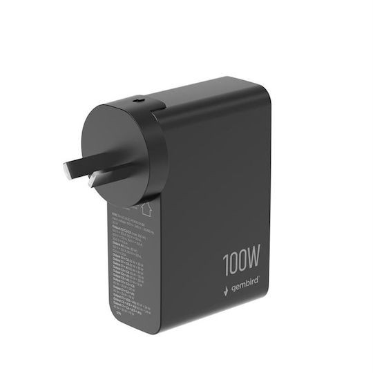 Gembird GaN Charger Without Cable with USB-A Port and 3 USB-C Ports 100W Power Delivery / Quick Charge 3.0 Black (TA-UC-1A3C-PD100-01-BK)
