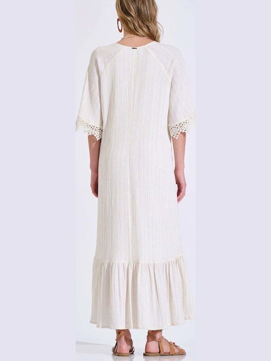 Summer Maxi Knitted Dress with Ruffles Ecru