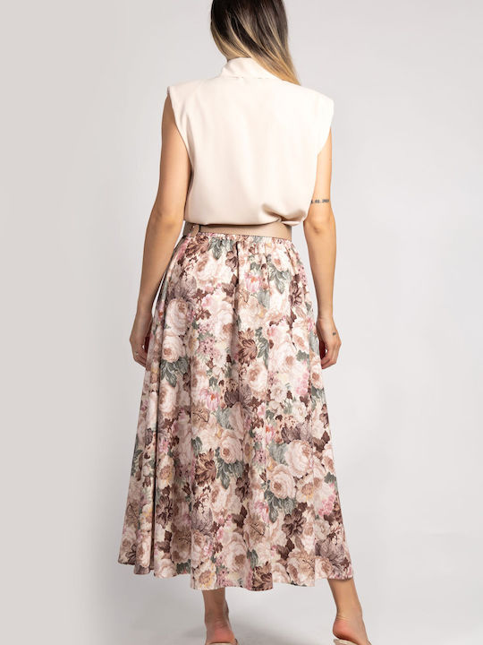 Ψηλόμεση Maxi Φούστα Floral Μπεζ