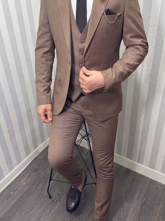 Men's Suit with Vest Slim Fit Brown