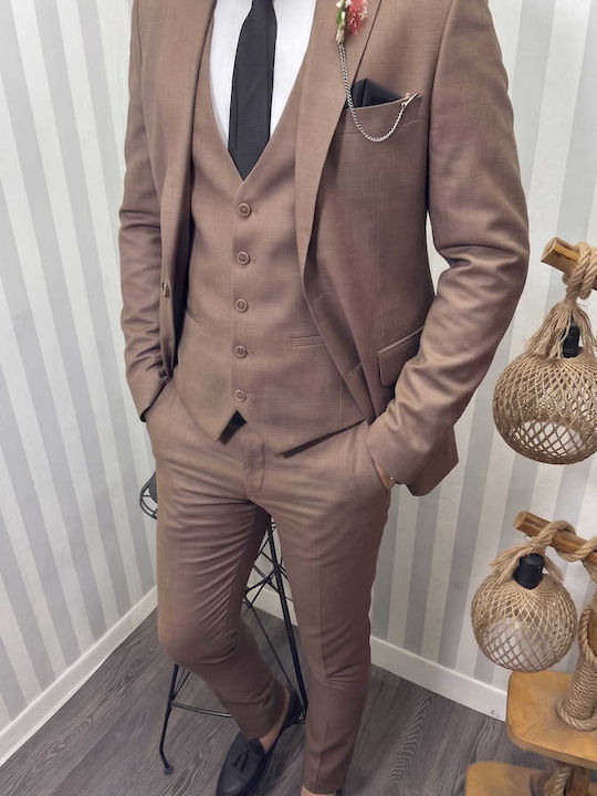 Men's Suit with Vest Slim Fit Brown