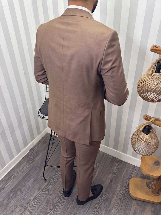 Men's Suit with Vest Slim Fit Brown