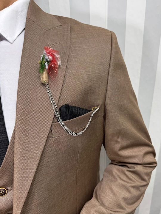 Men's Suit with Vest Slim Fit Brown