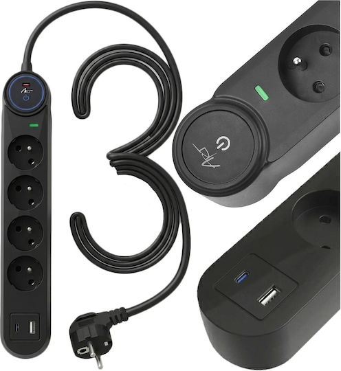 Art Захранваща Лента 4 Изхода с USB-A USB-C и Кабел 3м