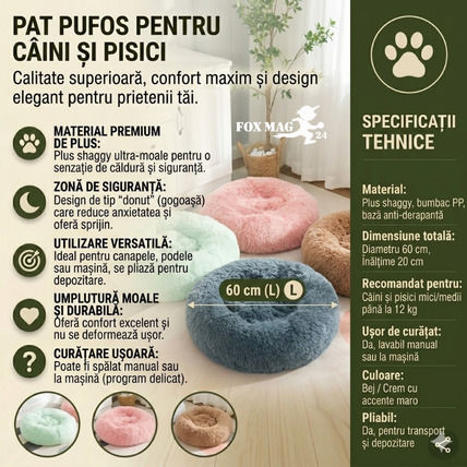 Pat pufos pentru câini și pisici 60 cm maro