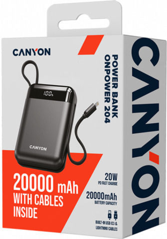 Canyon OnPower 20000mAh 20W με Θύρα USB-A και Θύρα USB-C Power Delivery Μαύρο