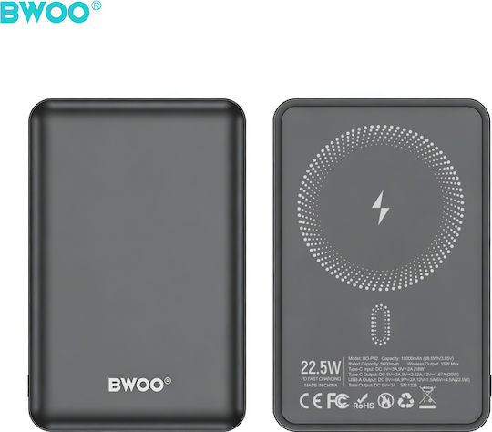 BWOO Power Bank 10000mAh 15W με Θύρα USB-A και Θύρα USB-C Γκρι