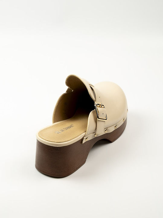Mules with Low Heel in Beige Colour